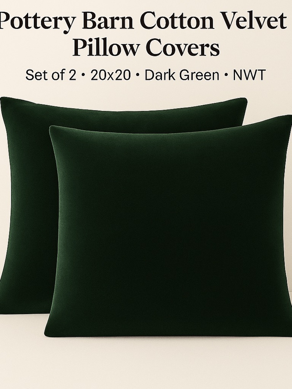 Pottery Barn Cotton Velvet Pillow Covers – Set of 2 – 20x20 – Dark Green